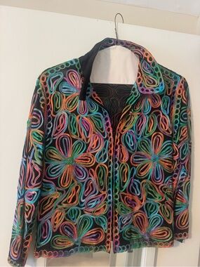 Womens Black Multicolor Embroidered Floral Jacket Blouse